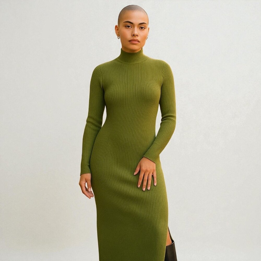 Ribbed Knit Midi Dress Long Sleeve Mock Neck Bodycon Sweater Dress Olive New